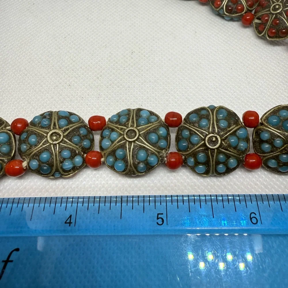 Vtg Nepalese Tibetan Red Coral & Turquoise Handmade Beaded Necklace Reversible - Picture 8 of 10
